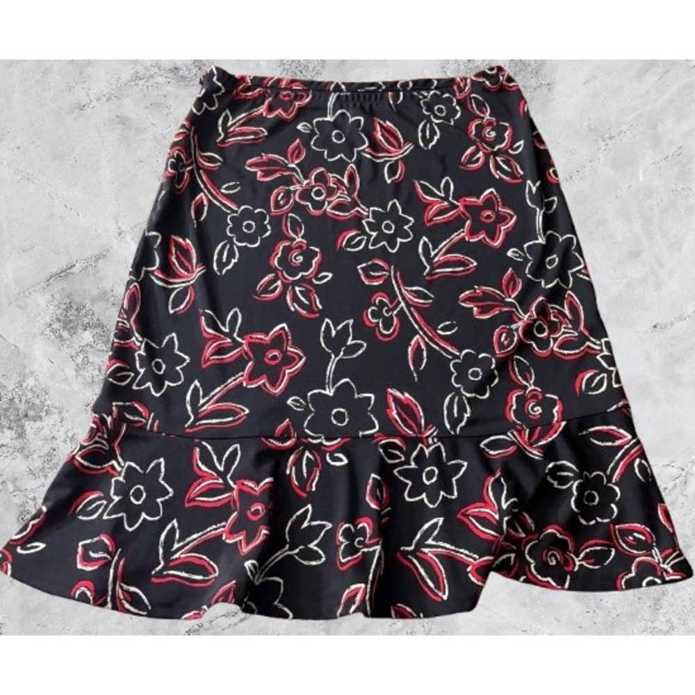 Harolds Womens XS Black Red Floral Flounce Hem A-Line Skirt Elastic Waist